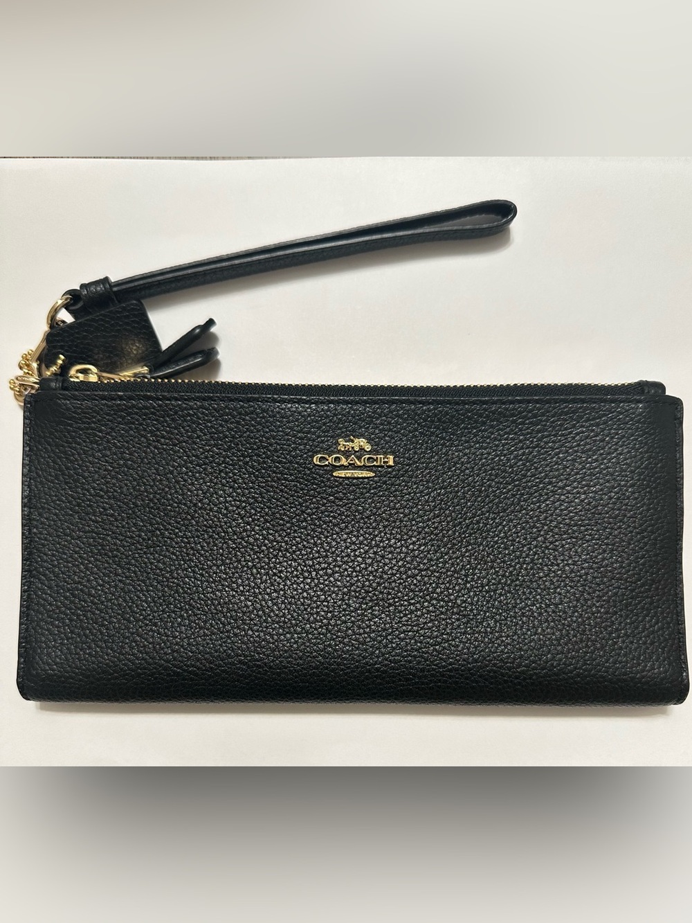 Coach Black Pebbled Leather Double Zip Wallet Wristlet with Gold Logo